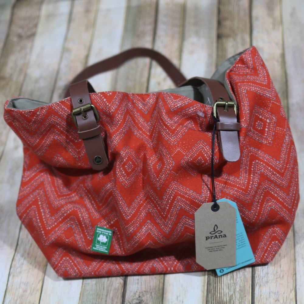Prana Red Chevron Shoulder Bag with Brown Handles